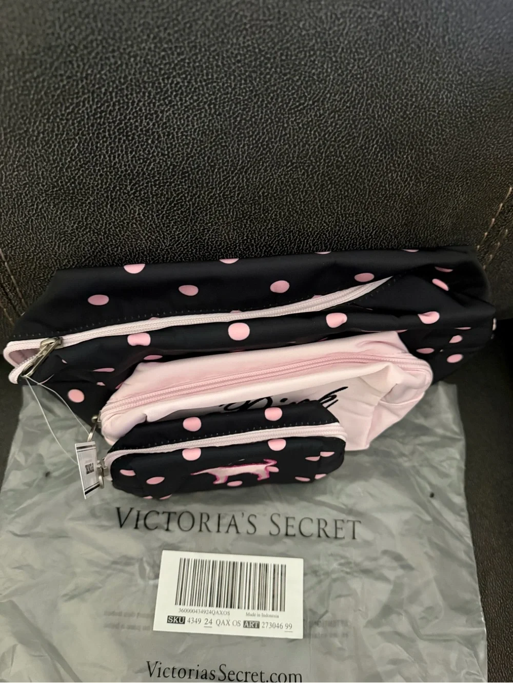 Victoria's Secret Black and  Pink Polka Dot Cosmetic Pouch Set